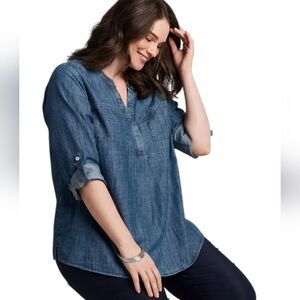 lands' end chambray popover shirt lightweight blue plus size 16